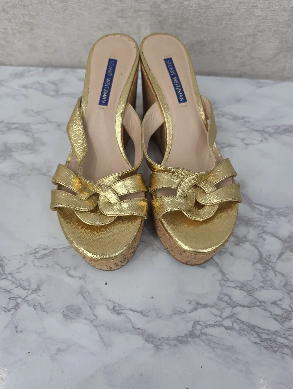 Stuart Weitzman Metallic Gold Leather Straps Cork Wedge Platform Sandals - Picture 4 of 15